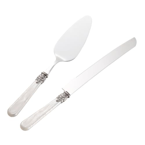 2-piece Cake Knife and Serve Set, Fancy Hand Craft Italian Design, Vintage Pie Knife Server Set with Handle, Cake Cutter Set (White) White