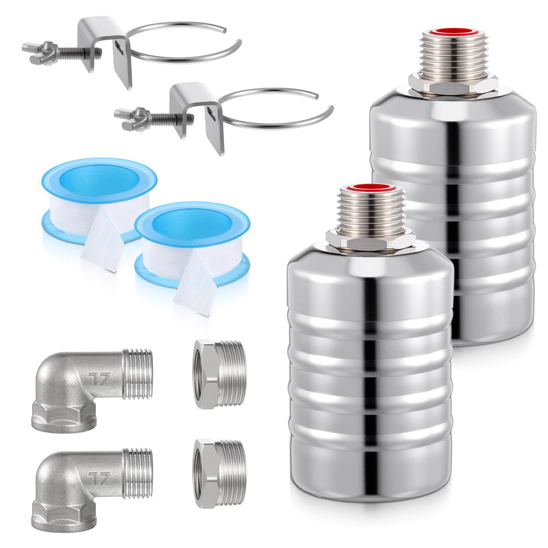 2 Packs 304 Stainless Steel Float Valve Automatic Water Level Control Float Valve 1/2" To 3/4'' Auto Shut off Water Tank Floats with Side/Top Entry for Fish Tank Swimming Pool Troughs