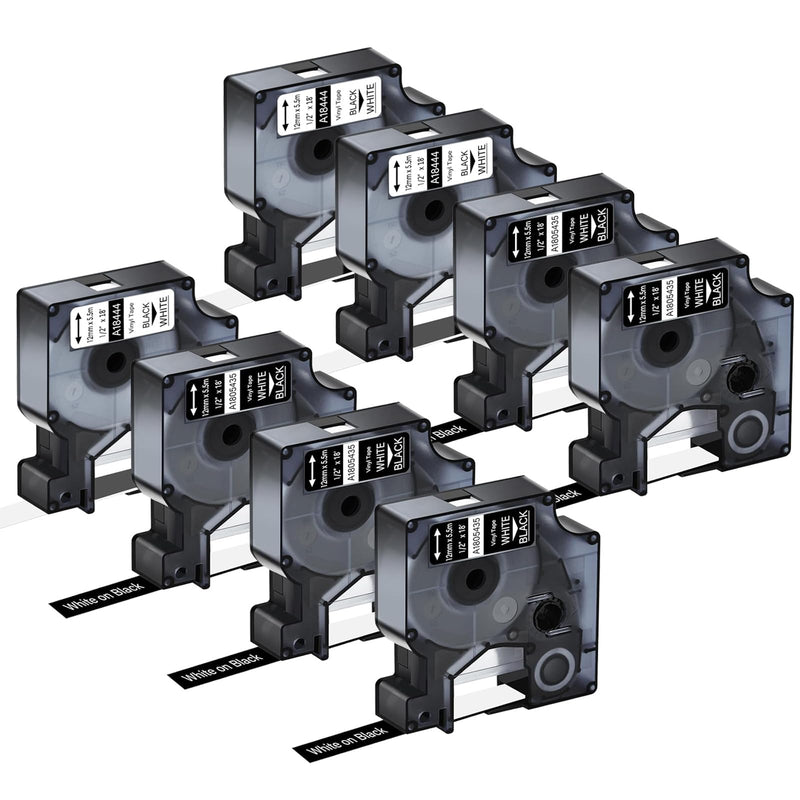5 Pack Compatible for Dymo Rhino 1805435 1/2" 12mm White on Black Label and 3 Pack 18444 1/2" 12mm Black on White Vinyl Permanent Industrial Label Tape