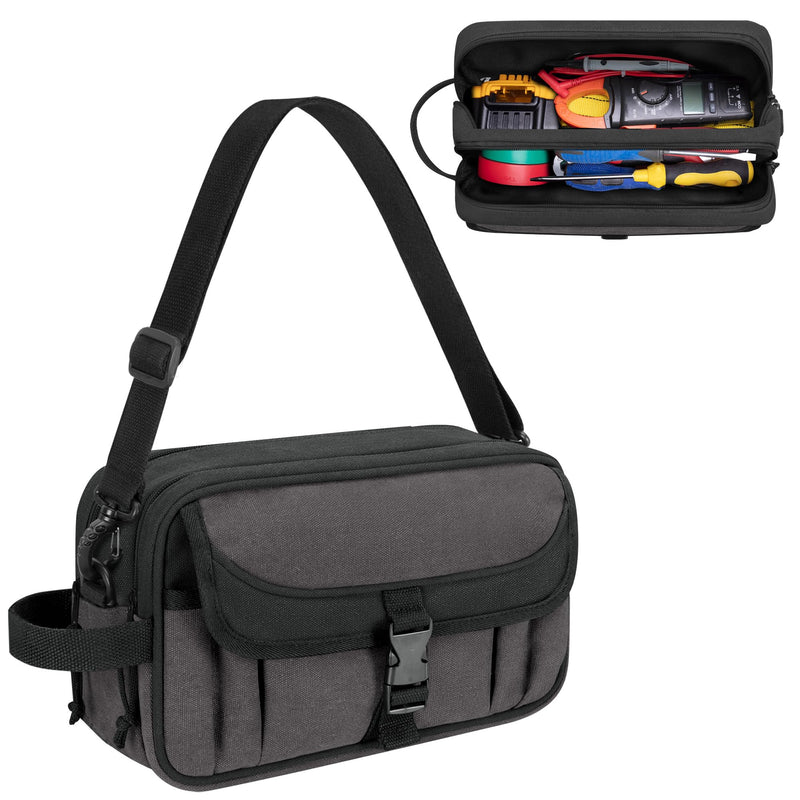 Small Canvas Tool Pouch with Zipper, 12 Inch Tool Organizer Bag, Double Layer Utility Storage Bag with Shoulder Strap for Electrician, Black/Gray (Empty Bag)