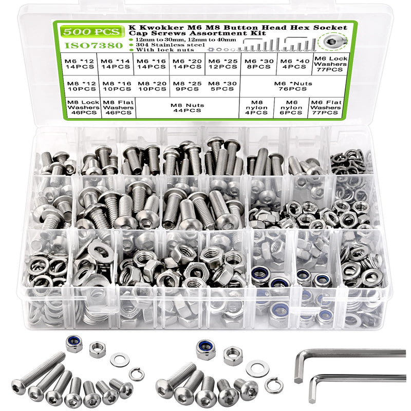 [Australia - AusPower] - 500Pcs M6 M8 Metric Screws Assortment Kit 12MM-40MM w/Lock Nut, Button Head Hex Socket Nuts and Bolts Assortment Kit, 304 Stainless Steel Machine Screws w/Washers, M6x1.0 Bolt, M8x1.25 Bolt G M6 M8 Hex Button Screws Silver 