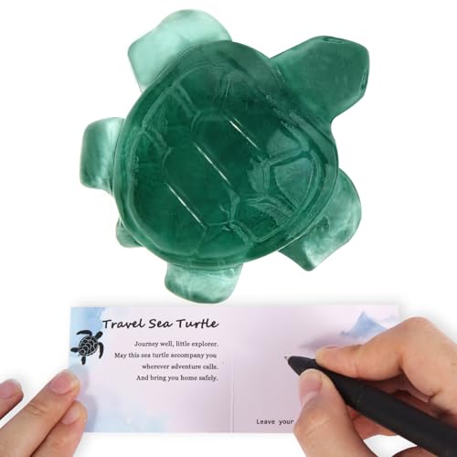 Crystal Travel Sea Turtle Figurines, Fluorite Sea Turtle Travel Gifts for Women Men Travelers, Hand Carved Good Luck Charm, Spiritual Companion Collectible Animal Statue Decors 2.1” Fluorite Green