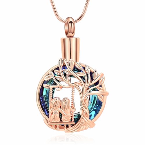 zeqingjw Tree of Life Urn Necklace Circle of Life Cremation Jewelry for Sisters Ashes Keepsake Funeral Memorial Ash Holder for Women Men Rose Gold-Blue