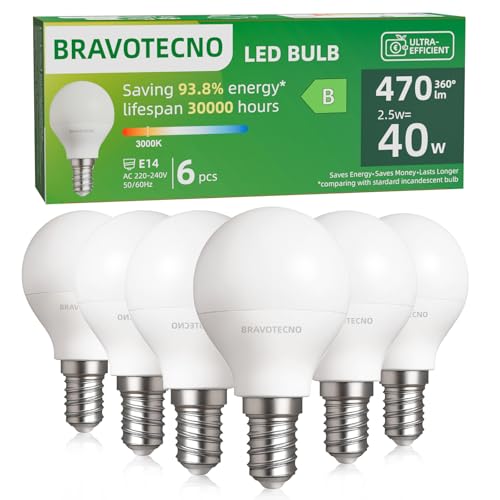 E14 LED Light Bulb, Energy Class B, E14 LED Warm White, 3000 K, 2.5 W, 470 LM, G45/P45 Warm White Bulb, Equivalent to 40 W, 360° Beam Angle, Non-Dimmable, Low Heat & Durable, Pack of 6 6 pieces