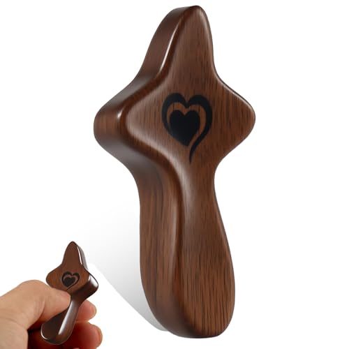 Encouragement Gift Wood Handheld Religious Pocket Cross My Heart Wooden Comfort Stress Relief Cross Fidget for Clutching, Clinging and Praying Walnut C 1