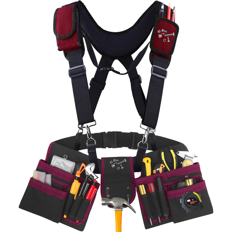 Tool Belt With Suspenders, 24 Pockets Tool Bag with Magnetic Wristband, Detachable Tool Pouch Bag, Adjustable Waists for Men Electrician Carpenter Construction (Red) TBS01-Red