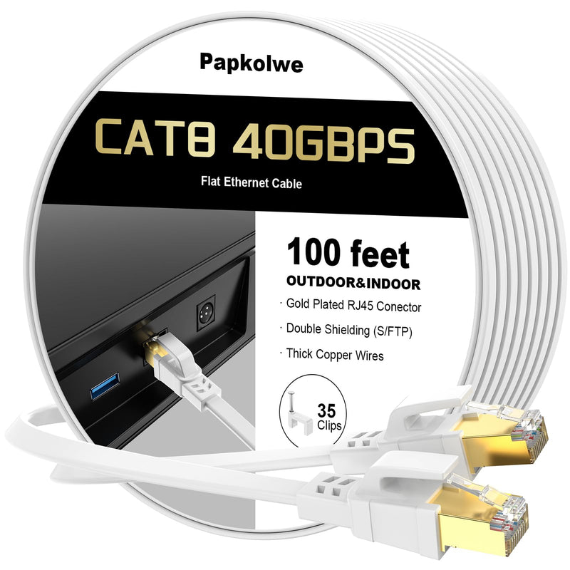 Cat 8 Ethernet Cable 100 ft, Heavy Duty High Speed Cat8 LAN Network Cable, 40Gbps 2000MHz RJ45 Flat Internet Computer Patch Cord, Weatherproof S/FTP UV Resistant for Gaming/Router/Modem,Outdoor&Indoor White 100ft