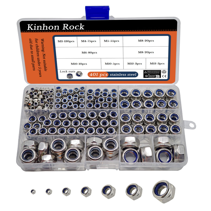 401pcs Metric Nylon Insert Lock Nuts Assortment Set DIN 985 304 Stainless Steel Nylon Locknuts Hex Locknuts Kit with Box M3 to M12 Reusable Anti-Loose Corrosion-Resistant for RC Car DIY 401pcs Assortment Set