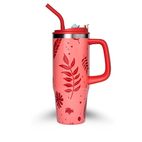 32 Oz Insulated Stainless Steel Tumbler with Handle and Straw lid | Limited Edition | Ceramic Lined Interior | Leak-proof | Travel Mug for Hot/Cold Drink | Carrying Bag Gift Blossom