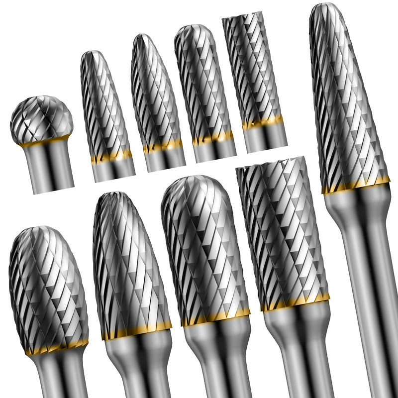10pcs Die Grinder Bits w/ 1/4" Shank, Tungsten Carbide Burr Set for Metal Steel Stone Wood Working Grinding Carving Engraving Deburring Cutting Porting