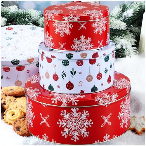 JOYIN 3PCS Christmas Cookie Tins with Lids for Gift Giving, Sturdy Holiday Baking Treat Metal Tins for Presents Wrapping, 3 Different Size Xmas Jars for Gift Giving, Party Food Dessert Containers