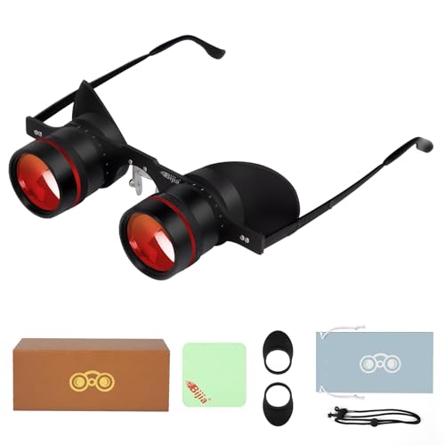 BIJIA 3X Hands-Free Binocular Opera Glasses, for concerts, theater, opera, sports events, travel, museum, close-up wildlife viewing and fishing, clear edge-to-edge optics, adjustable focus (HD lenses) Black frame, red-coated lenses