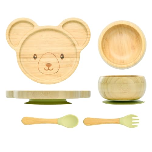 Bamboo Suction Plates Bowls Setfor Baby Toddler Divided Platter Food bowl with Silicone Fork & Spoon All-Natural Baby Feeding Set, Kids Feeding Essentials Bear
