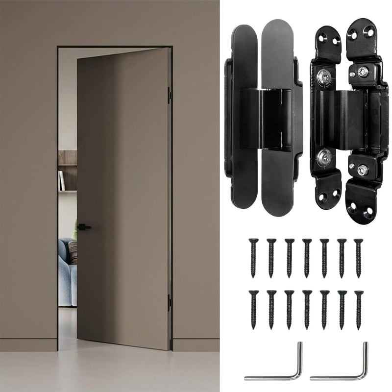 6.3" Hidden Door Hinge/Invisible Door Silent Door Hinge 110 Degree Swing Hinge 3-Way Adjustable Butt Hinge 6.1 x 1 x 1 (2, Black)