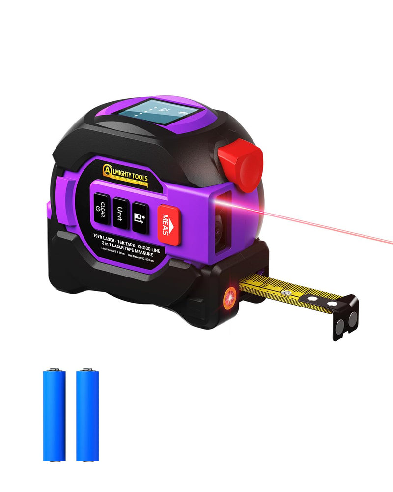 [Australia - AusPower] - 3 in 1 Digital Laser Tape Measure, 197ft/60m Laser Distance Meter, 16ft/5m Digital Tape Measure with Cross Line, AutoLock, ft/in/m Unit Switch, Measure Area, Volume, Pythagorean 