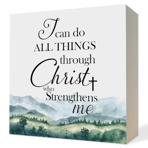 Christian Wooden Box Sign, Bible Verse Decor, I Can Do All Things Through Christ Religious Scripture Wood Block Plaque Signs for Home Office Church Desk Table Shelf Decor, 5x5 Inch Christian - I Can Do All Things