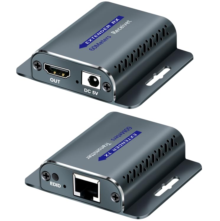 HDMI Extender Over Ethernet, HDMI Over cat6/cat5e, 1080P@60Hz up to 200FT HDMI to RJ45 Converter with POC & EDID Copy,by UTP Cat5e/6/7 OFC Cable, Plug and Play with 5V Power Adapter HD EXTENDER 60M
