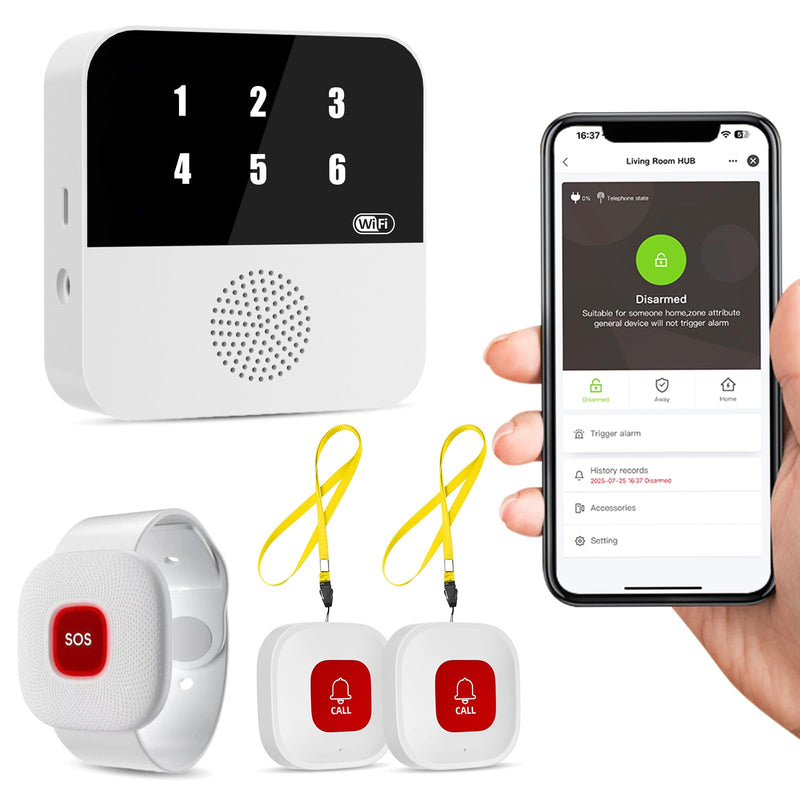 [Australia - AusPower] - PILSAMAS WiFi Caregiver Pager Smart Call System - Display Caller ID & App Alerts, No Monthly Fee, IP65 Waterproof Wristband + 2 Call Buttons, Emergency Alert Button for Elderly at Home & Nursing Care 1 HUB+1 WRISTBAND+2 BUTTONS 