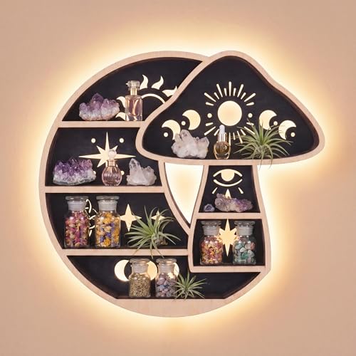 Crescent Moon Floating Shelf with LED Light, Whimsical Mushroom Wall Decor Mushroom & Moon With Led