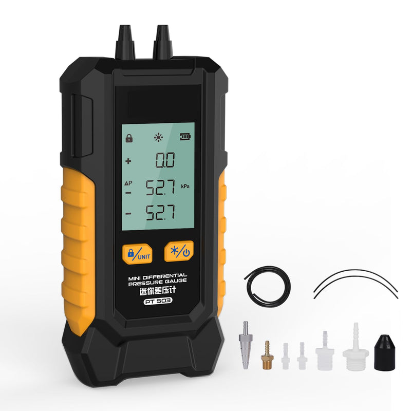 PT503 Manometer Gas Pressure Tester Dual Port Manometer Mini HVAC Gas & Air Pressure Tester, Differential Pressure Gauge with 6 Units, -100 to 200 kPa, Data Lock, Includes Adapters PT503