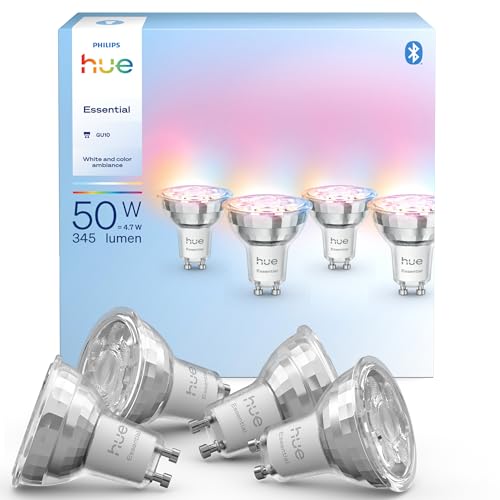 Philips Hue Essential Smart LED GU10 Spotlight, White and Color, 345 lm Energy Saving Bulbs, Dimmable, LED Bulbs Compatible with Alexa, Google Assistant and Apple Home, Pack of 4