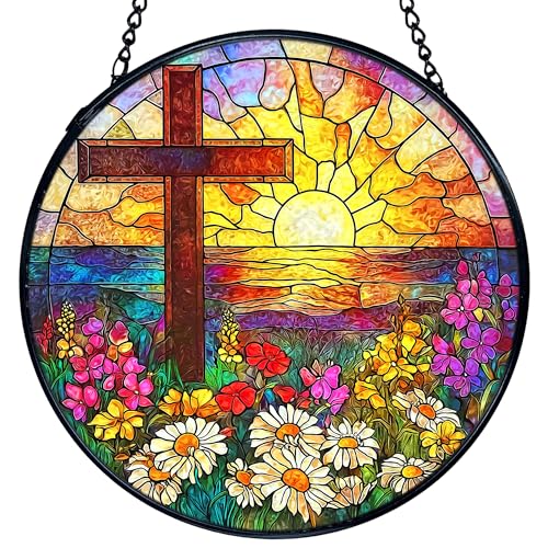 TNUW Cross Flower Stained Glass Window Hanging, Christian Wildflower Sunset Landscape Sun Catchers Indoor Window Glass Round Wall Art Decor, Religious Wall Hanging Decorations, 7.9＂x7.9＂