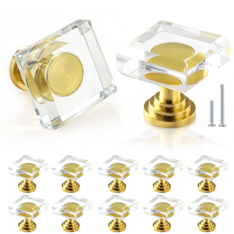 POZEAN Crystal Glass Cabinet Drawer Knobs, 12 Pack Glass Crystal Gold Dresser Knobs, 1-1/4 Inch Square Pulls Handles with Screws for Modern Kitchen Cupboard Bedroom and Bathroom Gold-Square