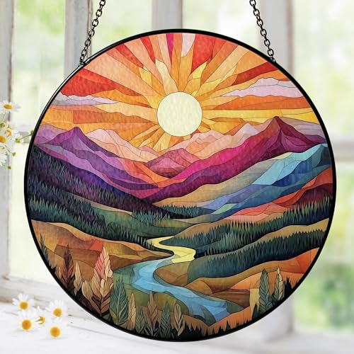 Sun Mountains Stained Glass Suncatchers for Windows Hanging, Boho Sun Glass Panel Hanging Decor Boho Gifts for Women, for Couples Housewarming Wedding Gift Decoration for Home Garden Boho 2