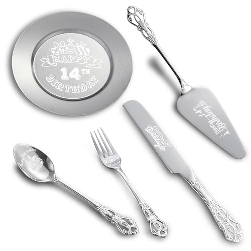 Happy 14th Birthday Personalized Laser Engraved Stainless Steel Cake Tableware Set:Cake Server,Plate,Knife,Spoon, Fork - Memorable 14 Year Old Gift Keepsake