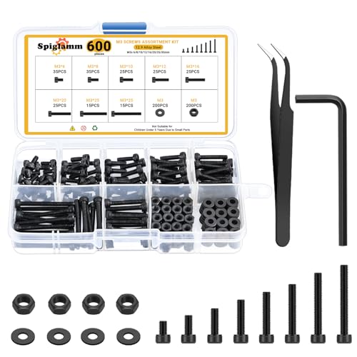 Spiglamm 600-piece M3 black alloy steel hex socket screw, nut, bolt and washer assortment kit