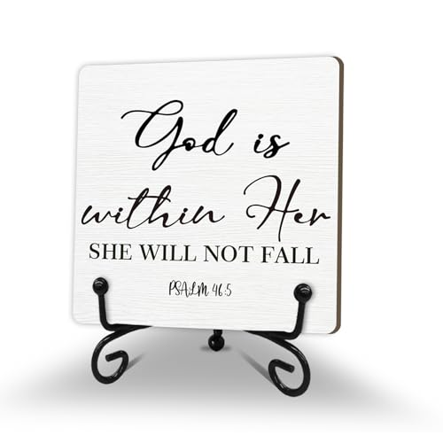 Christian Gifts, God is within Her Psalm 46 : 5 Wooden Plaque Sign with Bible Verse, Bible Verse Wood Sign Religious Gift Desk Decorations For Office Home,Wooden Plaque With Stand 5 x 5 inch -A08