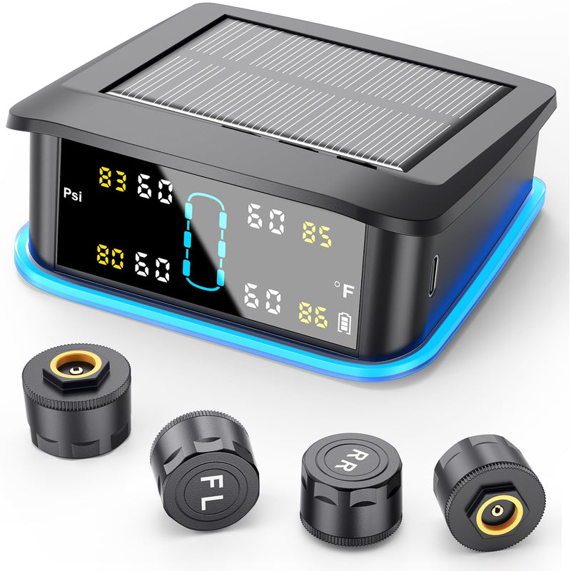 [Australia - AusPower] - GEARGO Tire Pressure Monitoring System, Real-time Solar Wireless TPMS with 4 Tire Pressure Sensor, Digital LCD Display, Auto Security Alarm for RV SUV MPV Truck Sedan 