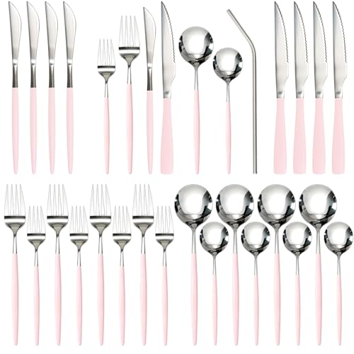 Astercook Silverware Set with Steak Knives 24-Piece Flatware Set for 4 Food-Grade Stainless Steel Pink Cutlery Set Mirror Polished Utensils Set Include Spoons and Forks for Home Kitchen Restaurant 24 PCS