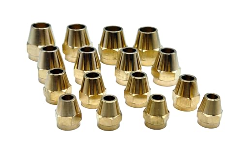 16-pack brass short flare nuts, SAE 1/4 to 1/2-inch tube fittings for copper and aluminum tubing