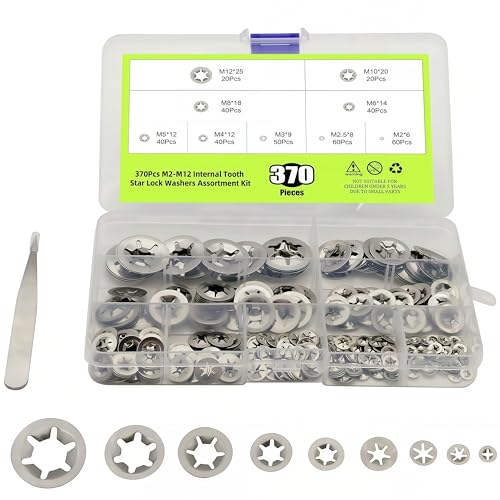 Mostantu 370-piece stainless steel internal tooth star lock washers set in silver, assorted M2–M12 sizes