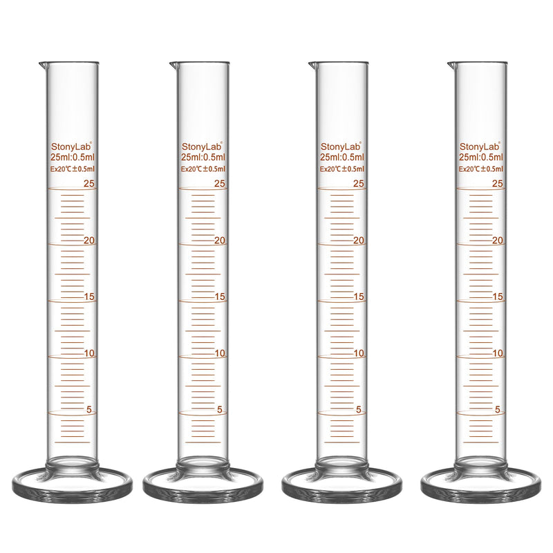 StonyLab 4-Pack Borosilicate Glass 25ml Heavy Wall Graduated Cylinder Measuring Cylinder, 10ml 25 ml