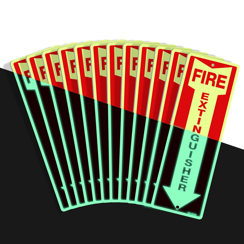 T&R Fire Extinguisher Metal Sign - 12 Pack - 12"x4" .040 Rust Free Heavy Aluminum Glow-In-The-Dark, Waterproof, Weatherproof and Fade Resistant, 2 pre-drilled holes, Easy to Install Indoors and Outdoors 12" x 4" - 12 Pack - Glow-In-The-Dark