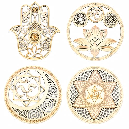 Chiorgone Sacred Geometry Wooden Wall Art Set - Lotus Hamsa Ohm Merkaba Meditation Decor & Coasters