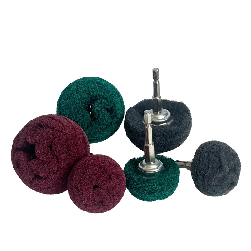 6PCS Non Woven Abrasive Buffing Polishing Wheel Drill Attachment Set,Scouring Pads Power Scrubber Cleaning Kit, Power-Operated Abrasive Wheels Red Green Gray 1/4” Hex Shank 320# 180# 800# 6