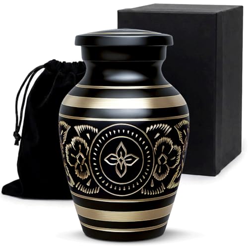 Small Urns for Human Ashes – Brass Hand-Engraved Funeral Keepsake with Elegant Black Finish – Mini Cremation Memorial for Mom, Dad & Loved Ones Small