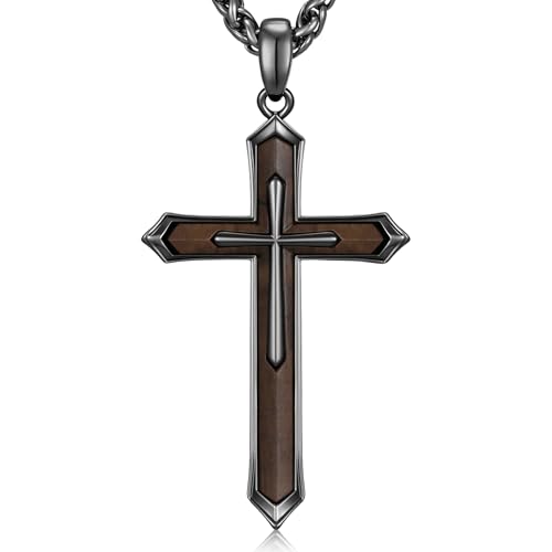 NORBU Wooden Cross Necklace for Men, Black Natural Wood Cross Pendant Grey black Style D