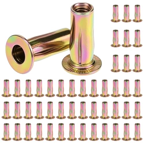 QWORK 5/16-18 multi-grip rivet nuts with flat heads, gold zinc finish, and pre-bulbed shanks, 50 pack