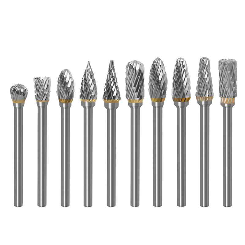 10 pieces double cut burrs carbide 3 mm shank 6 mm grinding head | Rotary Cutter Bits Rasp Set for Grinding Carving Metal Polishing Engraving Drilling