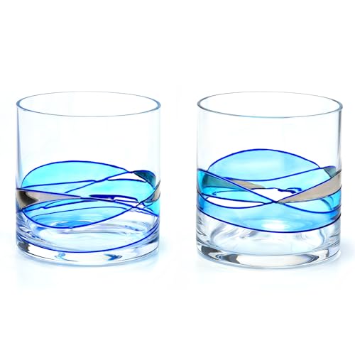 Victoria Barcelona Whisky Glasses Set 2 Turquoise Sea Edition | Hand-Painted & Mouth-Blown Art Glass | Inspired by the Mediterranean Gaudí’s Vision | Elegant Gift for Whisky Lovers Special Occasions