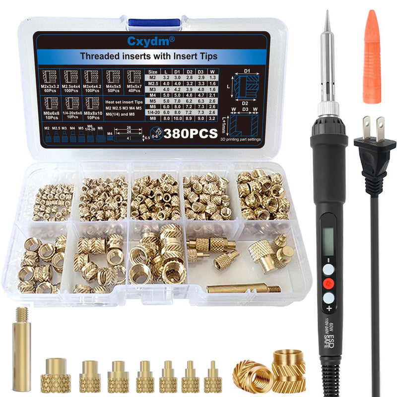 60W Digital Soldering Iron with 380-Brass Threaded Inserts & 7 Sizes M2-M8 | Heat Set Insert Tool kit Adjustable Temperature 180℃-500℃ for 3D Printing and Plastic Embedment Applications 381