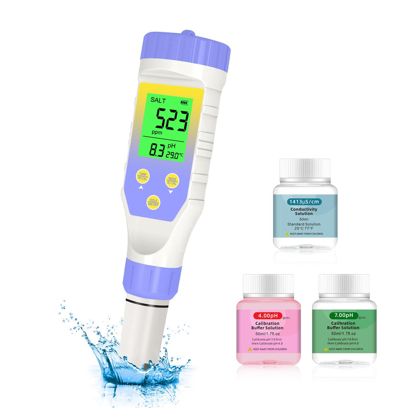 [Australia - AusPower] - pH Meter for Water Hydroponics, 5-in-1 pH TDS EC Salt Tester for Water Nutrient Solution, Simultaneous Display of pH EC Temp for DWC Reservoir Tank, Aeroponic Garden, Growing System Purple 