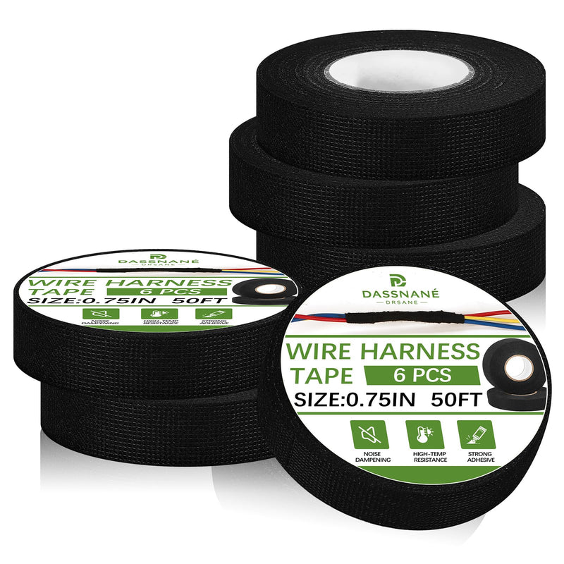6 Rolls Wiring Harness Tape,High Temp 3/4 Inch x 50FT Heat Resistant Cloth Tape,Wiring Loom Harness for Automotive Engine Harness Wrap Protection, Noise Dampening, and Cable Protection 6pcs wire harness tape