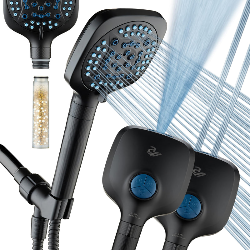 AquaCare 4X High Pressure 10 Spray Mode Filtered Showerhead - Handheld Shower Head Filters Chlorine to Heal Dry Skin, Revive Hair - Dual Power Wash Cleans Tub, Tile, Pets - Hard Water Softener, Black Square Matte Black