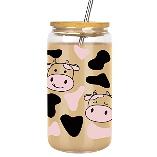 Iced Coffee Glass Cup with Lid and Straw, Stocking Stuffer for Mom Friends Coworkers