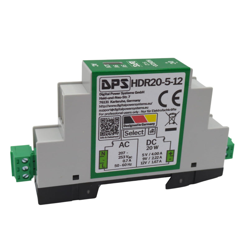 DPS – DIN Rail Power Supply 5V | 9V | 12V - 20W 230Vac Power Supply Transformer HDR20 Switch 5V | 9V | 12V AC NoElko Power Supply Industrial Quality 5V | 9V | 12V